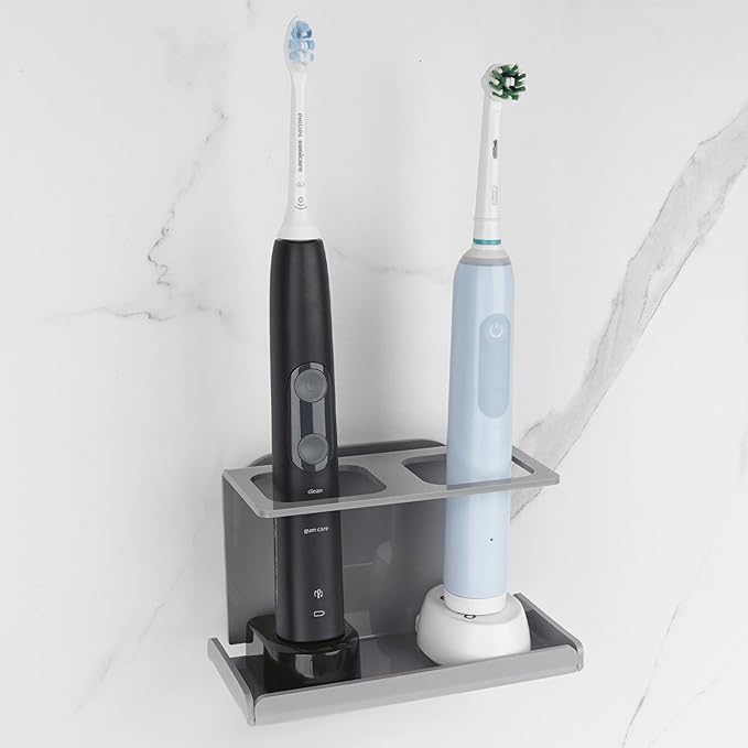 Electric Toothbrush Holder Wall Mounted, Electric Toothbrush Cord Organizer Holds 2 Chargers, Self Adhesive Electric Toothbrush Stand for Bathroom, Medicine Cabinet, Dorm(Grey)