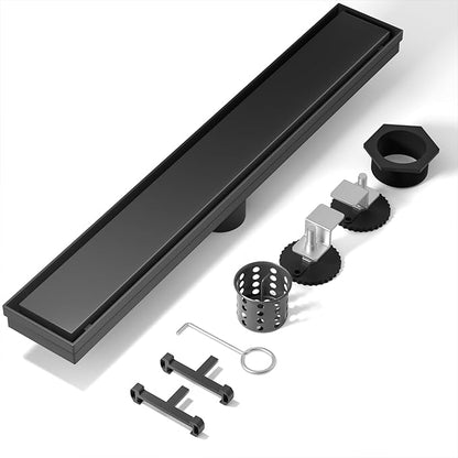 Linear Shower Drain, 304 Stainless Steel with Adjustable Leveling Feet, Hair Strainer,Reversely Install Place to Create an Invisible Floor Drain - Black -18-Inch