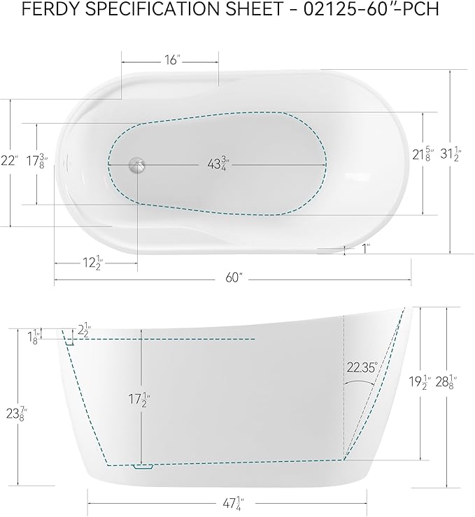 FerdY Lana'i 60" Freestanding Bathtub, Gracefully Shaped Freestanding Soaking tub, Glossy White, cUPC Certified, Polised Chrome Drain Assembly Included