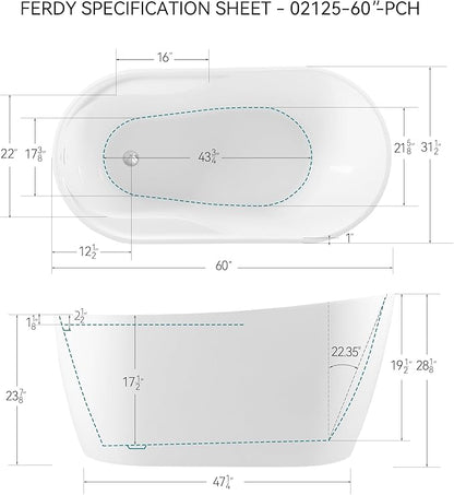 FerdY Lana'i 60" Freestanding Bathtub, Gracefully Shaped Freestanding Soaking tub, Glossy White, cUPC Certified, Polised Chrome Drain Assembly Included