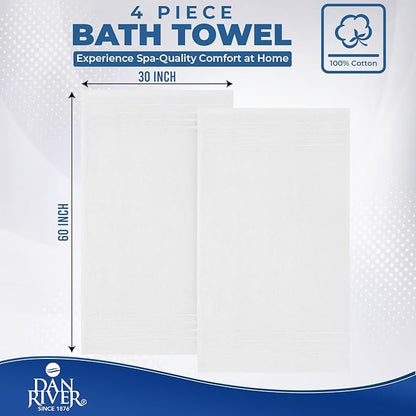 DAN River Extra Large Bath Towels Set of 4, 30 x 60 Inches - 100% Cotton Larger & Lighter Weight Towels for Bathroom - Quicker to Dry, Super Soft & Highly Absorbent Towels for Home, White