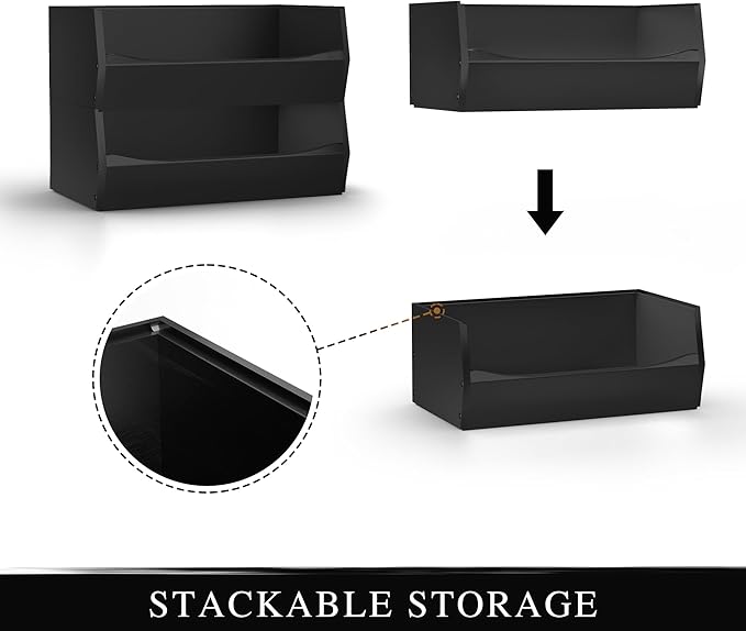 2 Set Open Front Stackable Storage Bins, Bamboo Stacking Storage Bins Food Vegetable Makeup Containers, Organizer Bins for Kitchen, Bathroom, Office, Cabinet, Countertop Storage (Long Black)