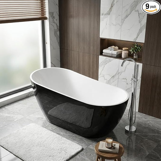 59" Freestanding Acrylic Bathtub, Deep Soaking Tub with Non-Slip Base & Chrome Drain, cUPC Certified, Black Upturned