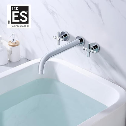 SUMERAIN Tub Filler Wall Mounted Tub Faucet High Flow Bathtub Faucet Chrome Finish with Rough in Valve, Extra Long Spout and Cross Handles