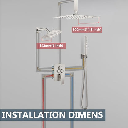 Aolemi Shower Faucet Set Ceiling Mount Shower System Rough-in Valve and Shower Trim Kit 12 and 6 Inch Dual Shower Head 2 in 1 Handheld Spray Push Button Diverter Brushed Nickel