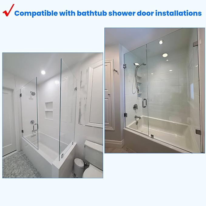 Shower Door Hardware Kit for Frameless Inline Hinged Doors, Includes Hinges, Square Pull Handles and Clamps, for 5/16"–3/8" Glass, Suitable for Bathtub or Standing Shower Setup, Brushed Nickel