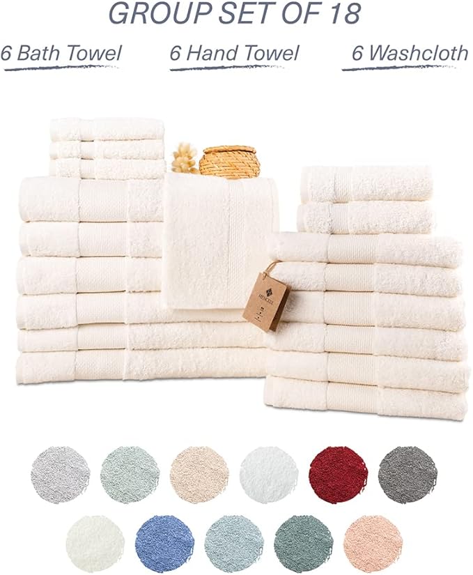 Hencely 18-Piece Bath Towel Set - High Absorbency, Quick Drying - 100% Soft Turkish Cotton - 6 Bath Towels, 6 Hand Towels, 6 Washcloths - for Bathroom, Home, Hotel, Spa, and Gym - 18-Pack Ivory