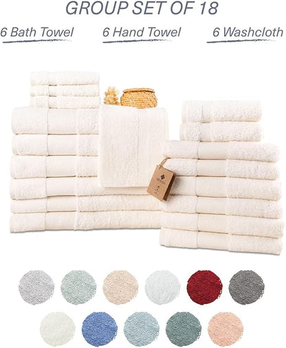 Hencely 18-Piece Bath Towel Set - High Absorbency, Quick Drying - 100% Soft Turkish Cotton - 6 Bath Towels, 6 Hand Towels, 6 Washcloths - for Bathroom, Home, Hotel, Spa, and Gym - 18-Pack Ivory