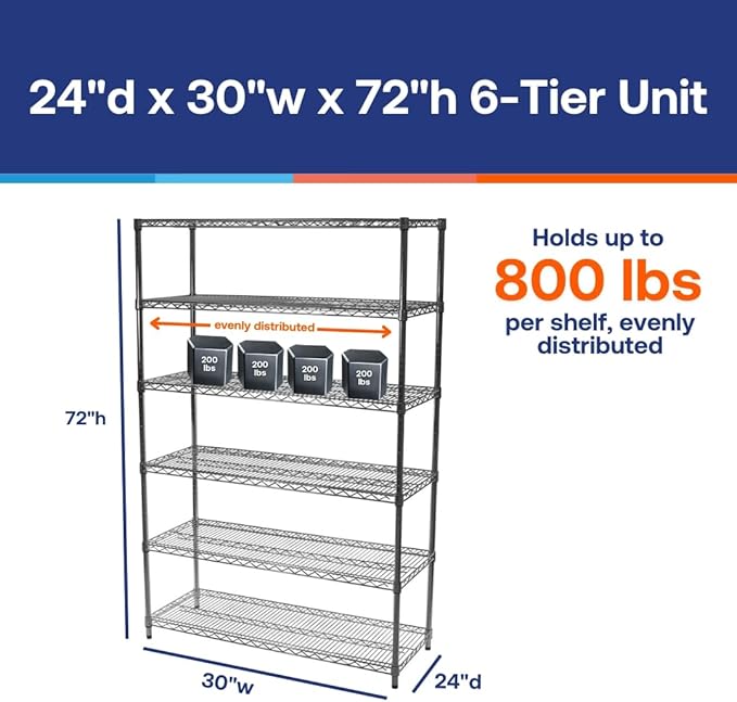 Shelving Inc. 24" d x 30" w x 72" h Chrome Wire Shelving with 6 Tier Shelves, Weight Capacity 800lbs Per Shelf