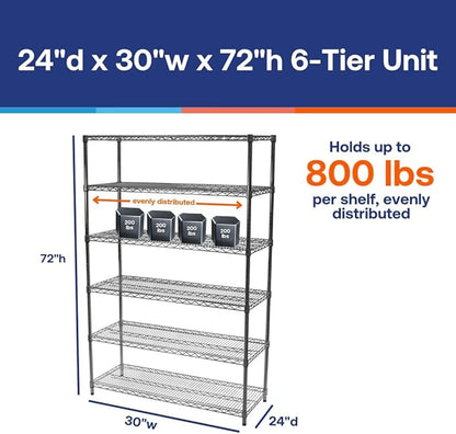 Shelving Inc. 24" d x 30" w x 72" h Chrome Wire Shelving with 6 Tier Shelves, Weight Capacity 800lbs Per Shelf