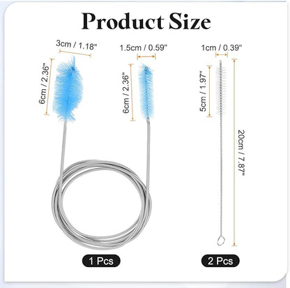 HARFINGTON 3pcs Flexible Long Drain Brush Straw Cleaner Set 78.74" Stainless Steel Double Ended Hose Brush with 8" Nylon Long Tube Pipe Cleaning for Fish Tank Sink Pipe, Blue