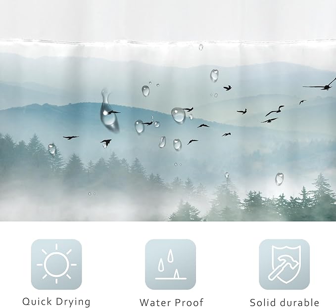 No Hook Green Shower Curtain with Snap in Fabric Liner，72Wx72H Inch Nature Mountain，Hookless Double Layer Shower Curtain and Liner Set，Pine Tree Scenery Waterproof Cloth Shower Curtains Washable