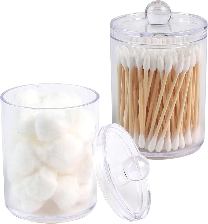 2 Pack Qtip Holder Dispenser,Bathroom Canisters Apothecary Jar Set, Acrylic Vanity Makeup Storage Organizer Set,10 and 12 oz