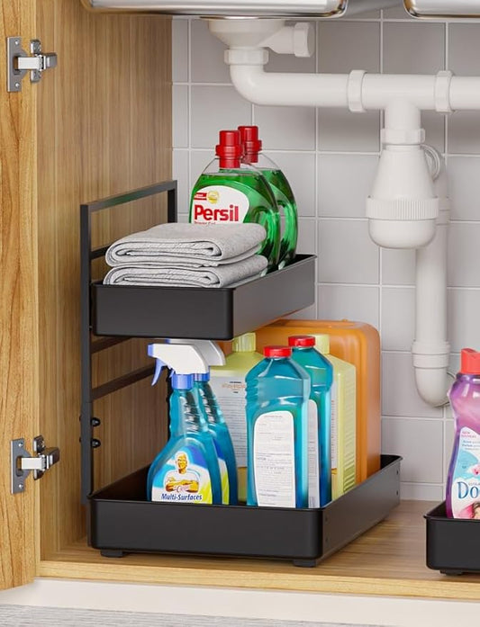 EVERIE Metal Pull Out Slide Shelf Organizer for Under Sink Organization in Kitchen, Bathroom, Counter, Cabinets, Minimum Available Space 13" Wide x 16.5" Deep (Black, 1 Set)
