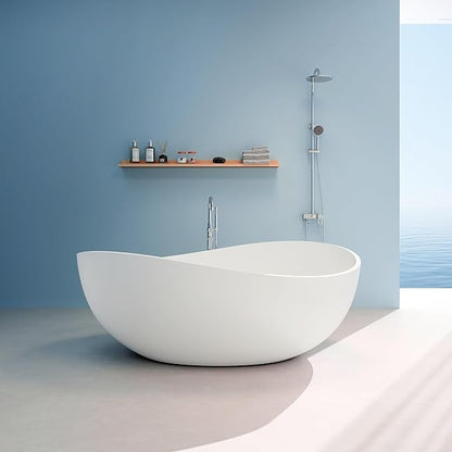 Premium Upgraded 63" Solid Surface Freestanding Bathtub, Unique Oval Stone Resin Tub with Overflow and Pop-up Drain, Matte White