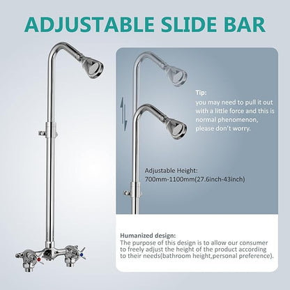 Aolemi Outdoor Shower Kit Fixtures Faucet System Double Handle Exposed Shower with Brass Mix Valve and Height-Adjustable Shower Pipe 6 Inch Center with Showerhead Polish Chrome