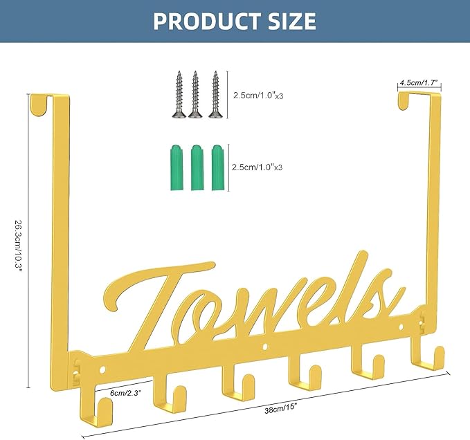 Over The Door Hooks, Towel Hook Towel Rack for Bathroom Towel Holder for Hanging Heavy Duty, Wall Mount Towel Hanger with 6 Hooks for Bedroom Bathroom Kitchen Towels, Bag, Coats, Hats(Gold)