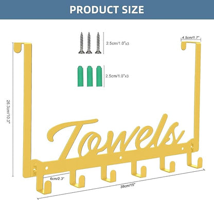 Over The Door Hooks, Towel Hook Towel Rack for Bathroom Towel Holder for Hanging Heavy Duty, Wall Mount Towel Hanger with 6 Hooks for Bedroom Bathroom Kitchen Towels, Bag, Coats, Hats(Gold)
