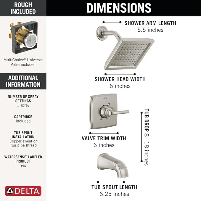 Delta Geist 14 Series Square Bathtub and Shower Faucet Set, Brushed Nickel Shower Head and Handle Set, Valve Trim Kit, SpotShield Brushed Nickel 144864-SP (Valve Included)