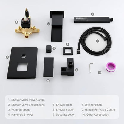 TapLong Matte Black Wall Mount Tub Filler Faucet Set with Hand Held Shower, Modern Bathtub Faucet with Waterfall Tub Spout Solid Brass Single Handle Shower Faucet Set with High Flow Rough in Valve