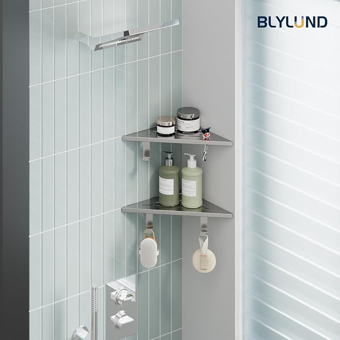 10’’ Shower Corner Shelf, Stainless Steel Shower Shelves with Razor Hole for Bathroom, Grout in Corner Shelf with Hooks for Tiled Wall 2 Pack, Brushed Nickel