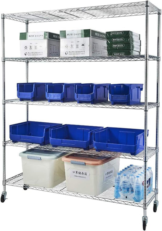 5 Tier Storage Racks Shelving, Heavy Steel Pantry Shelves, Adjustable Wire Shelving Rack with Wheels, Suitable for Garage, Kitchen, Bathroom, Office, 59" W x 18" D x 71" H, Chrome