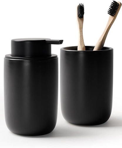 Bosilunlife Soap Dispenser and Toothbrush Holder Set - Dish Hand Soap Dispenser Bathroom Set Ceramic Bathroom Counter Soap Toothbrush Holder Set Black Bathroom Accessories Set