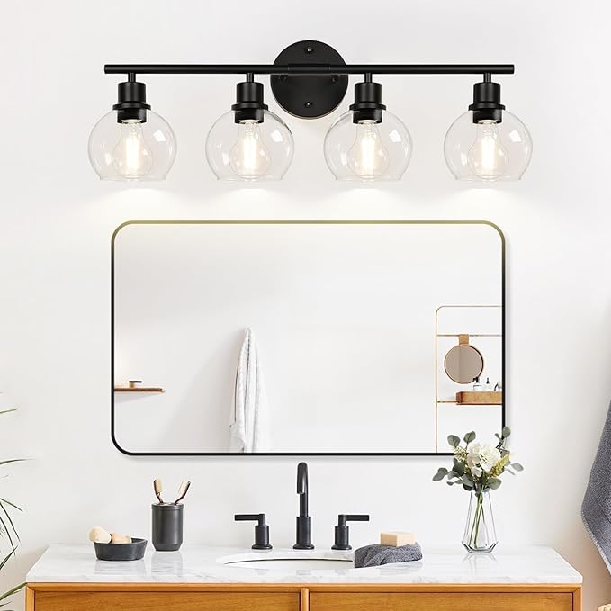 2025 Upgrade 4-Light Bathroom Light Fixtures, Black Bathroom Lights Over Mirror with Clear Glass Globe Shade, Vanity Lights for Bathroom Kitchen Living Room Hallway Cabinet Bedroom Porch