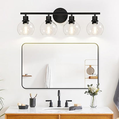 2025 Upgrade 4-Light Bathroom Light Fixtures, Black Bathroom Lights Over Mirror with Clear Glass Globe Shade, Vanity Lights for Bathroom Kitchen Living Room Hallway Cabinet Bedroom Porch