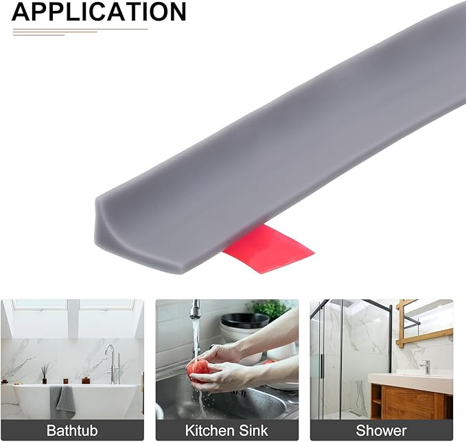 59"x0.8"x0.5" (LxWxH) Collapsible Shower Barrier Stopper - 1 Pack - Good for Bathroom Kitchen - L Shape Water Splash Guard Blocker - Gray