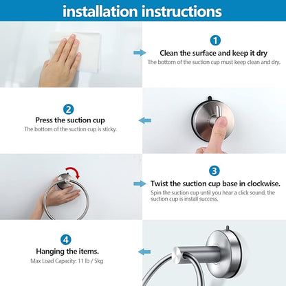 DGYB Suction Cup Hand Towel Ring Brushed Nickel Hand Towel Holder for Bathroom Wall SUS 304 Stainless Steel Kitchen Towel Hanger