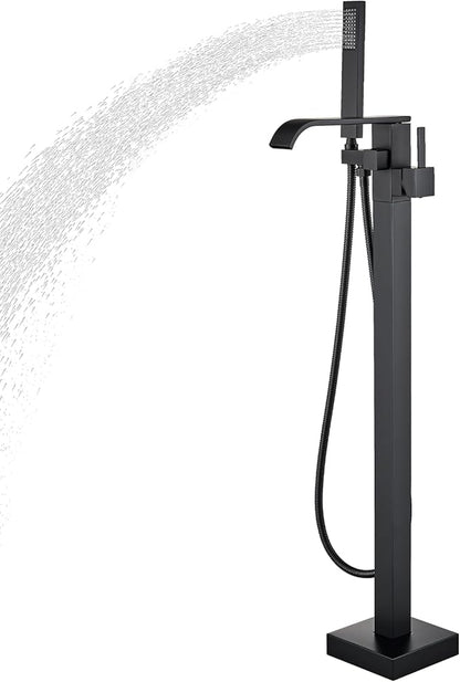 Freestanding Bathtub Faucet Matte Black Floor Mounted Tub Filler with Hand Shower Brass High Flow 360 Degree Swivel Standing Spout Mixer Taps