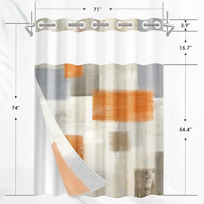 No Hook Grey Beige Orange Painting Shower Curtain with Snap in Fabric Liner Set, Abstract Double Layers Waterproof Fabric with See Through Top Window Open Grommet Bath Curtain 71x74 Inch