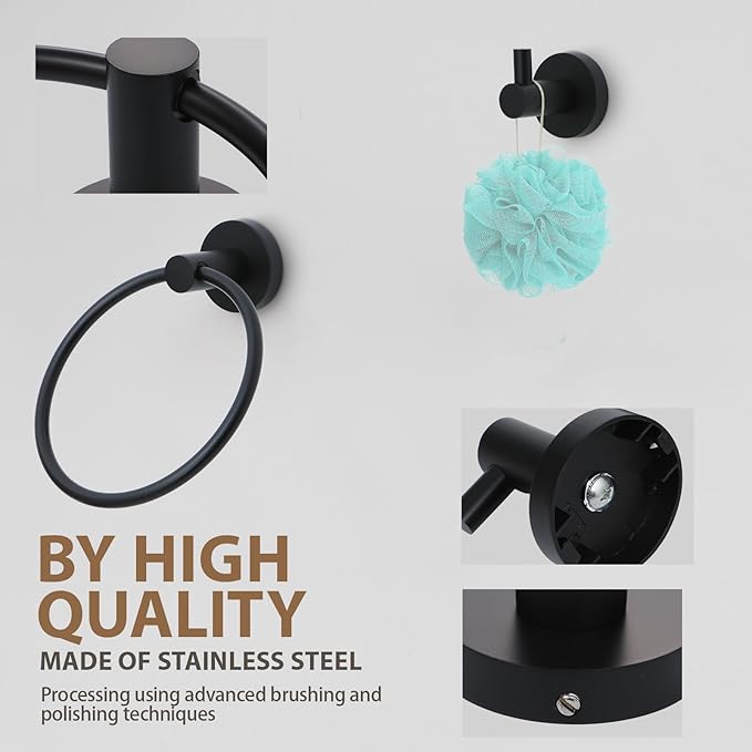 Matte Black Bathroom Hardware Set 4 Piece Towel bar Set,Towel Rack for Bathroom Wall Mounted Adjustable Expandable 24 inch Towel Holder Robe Hook Towel Ring Toilet Paper Holder