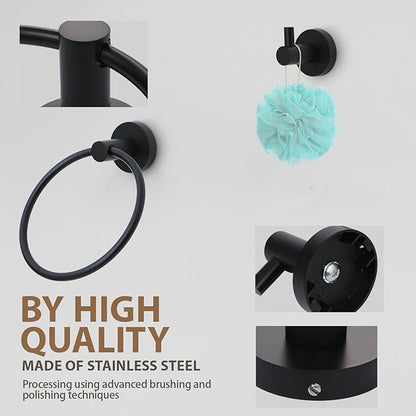 Matte Black Bathroom Hardware Set 4 Piece Towel bar Set,Towel Rack for Bathroom Wall Mounted Adjustable Expandable 24 inch Towel Holder Robe Hook Towel Ring Toilet Paper Holder