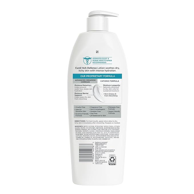 Curel Itch Defense Calming Body Lotion, Moisturizer for Dry, Itchy Skin, Body and Hand Lotion, with Advanced Ceramide Complex, Pro-Vitamin B5, Shea Butter, 20 Oz