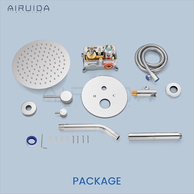 Airuida Shower Fixtures 2 Functions Shower Faucet Set Wall Mounted for Bathroom High Pressure Brass Handheld Shower with Rough-in Valve Round Rainfall 8 Inch Shower Head Chrome Polish