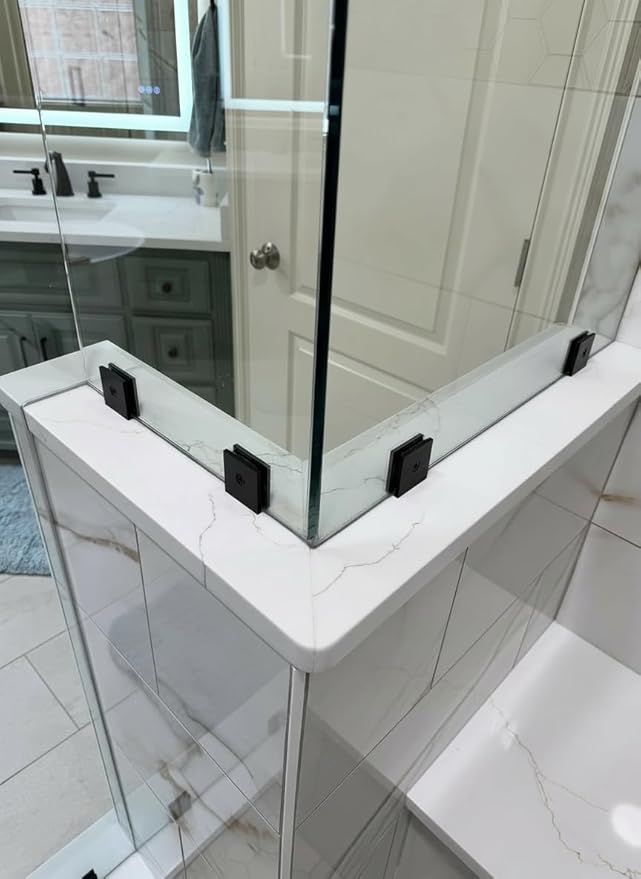 Shower Door Hardware Kit for Frameless Corner Shower Setup, Includes Hinges, Square Pull Handles, U-Clamps and Connector, for 5/16"–3/8" Glass, Bathtub or Standing Shower Use, Matte Black