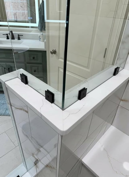 Shower Door Hardware Kit for Frameless Corner Shower Setup, Includes Hinges, Square Pull Handles, U-Clamps and Connector, for 5/16"–3/8" Glass, Bathtub or Standing Shower Use, Matte Black