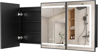 APRILSOUL 60X32 Inch Black Bathroom Medicine Cabinet with Mirror, Recessed or Surface Lighted Medicine Cabinet with 3 Colors Temperature, Dimmable Light