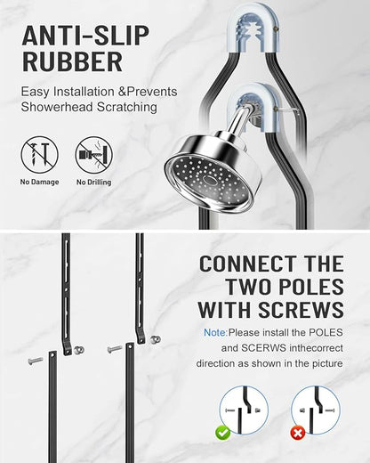 Adjustable Shower Caddy Hanging for Handheld Showerheads - Never Rust Shower Hanging Organizer, Upgraded Bathroom Shower Rack with Soap Basket, Hooks and Toothbrush Holder (Black)