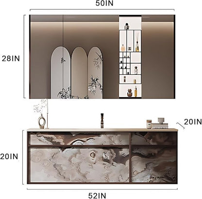 52IN Modern Bathroom Vanity with Sink - Bathroom Vanity with 2 Drawer Organizer, LED Mirror Lights & Defogging Function | Wall - Mounted Vanity with Silver Sink Faucet