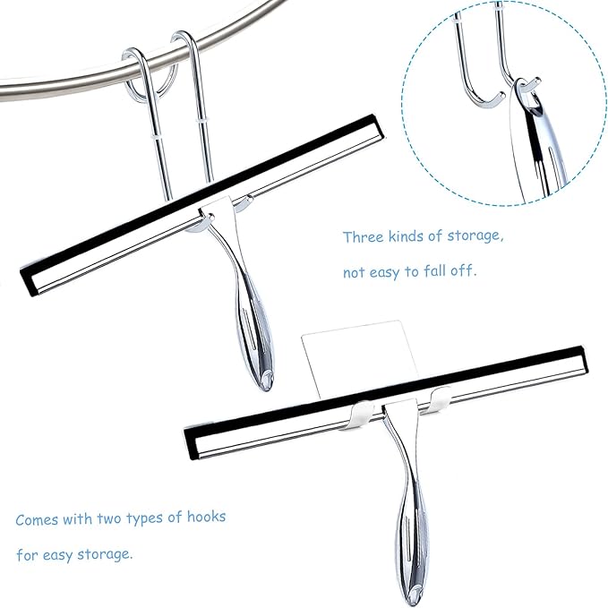 Shower Squeegee for Glass Doors, 12 Inches Bathroom Squeegee with Spare Silicone Blade, Shower Door Hook and Adhesive Hook, Stainless Steel Bathroom Squeegee for Mirror Window (12in-Silver-1 Pack)