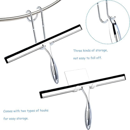 Shower Squeegee for Glass Doors, 12 Inches Bathroom Squeegee with Spare Silicone Blade, Shower Door Hook and Adhesive Hook, Stainless Steel Bathroom Squeegee for Mirror Window (12in-Silver-1 Pack)