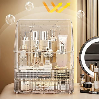 Makeup Organizer Countertop Vanity with Transparent Lid Drawers Waterproof Dustproof Cosmetic Skincare Bathroom Storage Gift for Women Teens Girls (Clear Whtie)