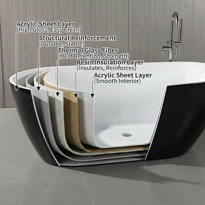 67 Inch Acrylic Freestanding Bathtub, Acrylic Soaking Bathtub with Matte Drain and Overflow, Modern Square Tub, cUPC Certified, Deep Ergonomic Design, Double-Walled Insulation, Easy Installation