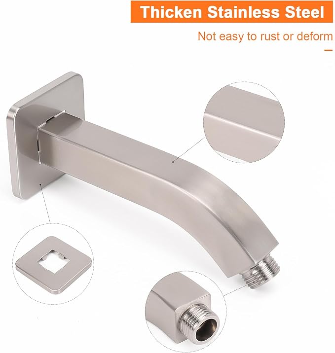 HarJue Shower Arm with Flange and Teflon Tape, Wall Mounted Square Shower Pipe 304 Stainless Steel Extension Arm for Fixed Shower Head & Handheld Shower (6 Inch, Brushed Nickel)