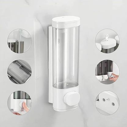White Manual Bathroom Wall Mounted Soap Dispenser, 10oz/300ml Single Bathroom Shampoo and Conditioner Dispenser, Clear Plastic Refillable Liquid Lotion Pump Dispenser and Organizer