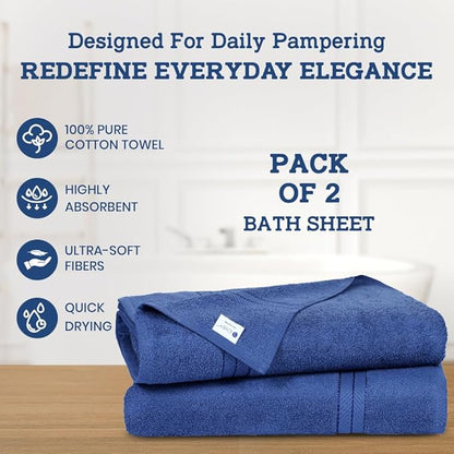 Casa Lino Bath Sheets Set Extra Large - 100% Cotton Extra Large Bath Towels - Highly Absorbent & Quick Dry Oversized Towels for Adults - 60" x 30" - Pack of 2 - (Cobalt Blue)