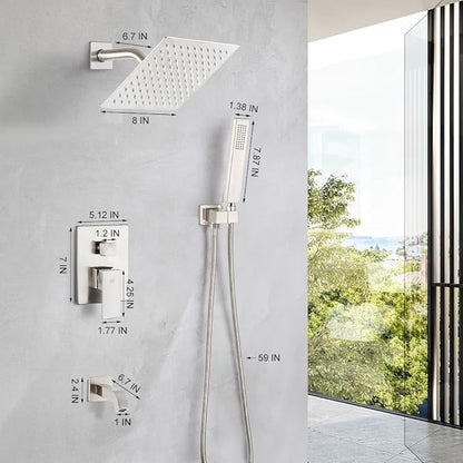 POP SANITARYWARE Shower Tub Faucet Set Brushed Nickel Bathroom 8 Inch Shower Head System with Tub Spout Wall Mounted Singe Handle Tub and Shower Trim Kit with Valve